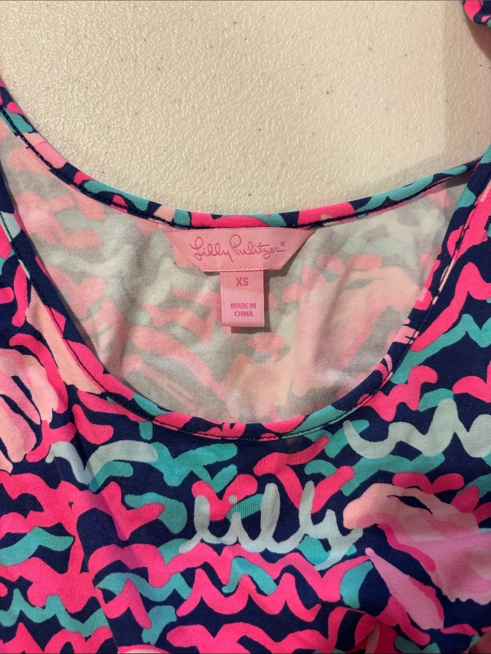 Lilly Pulitzer Navy Romper with Pink and Teal Print